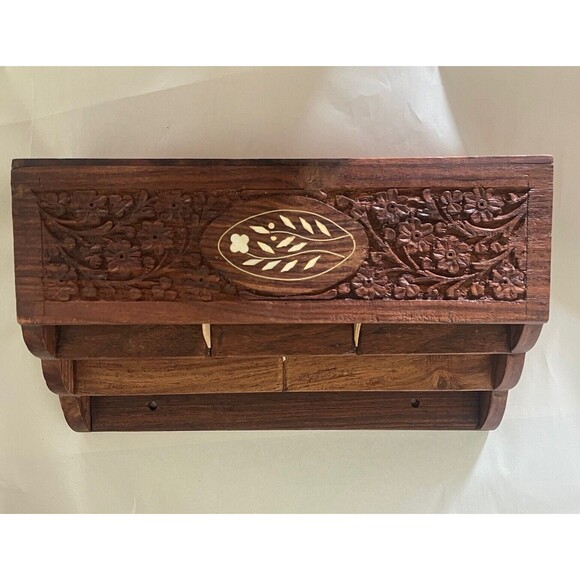 Hanging Mail Organizer Carved Designed Wood Floral Pattern/India - Picture 4 of 11